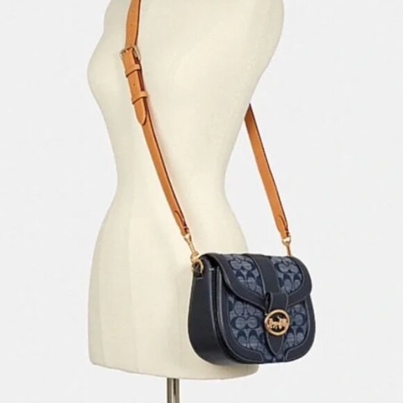 NWT! NEW! Coach Denim Signature Georgia Saddle Bag Women Crossbody Bag - Picture 10 of 14